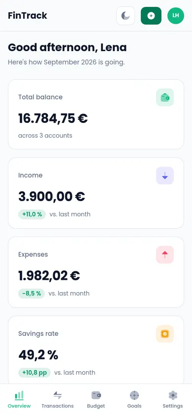 FinTrack overview on a phone with bottom tab navigation