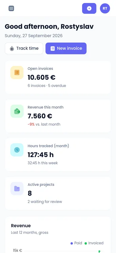 FreelanceHQ dashboard on a phone