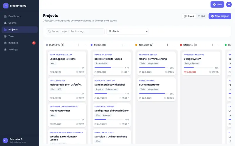 FreelanceHQ projects on a kanban board with planning, active, in review and on hold columns