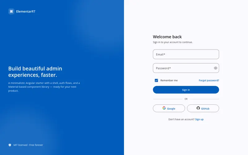 Elementar Minimalistic sign-in screen with email, password and social sign-in
